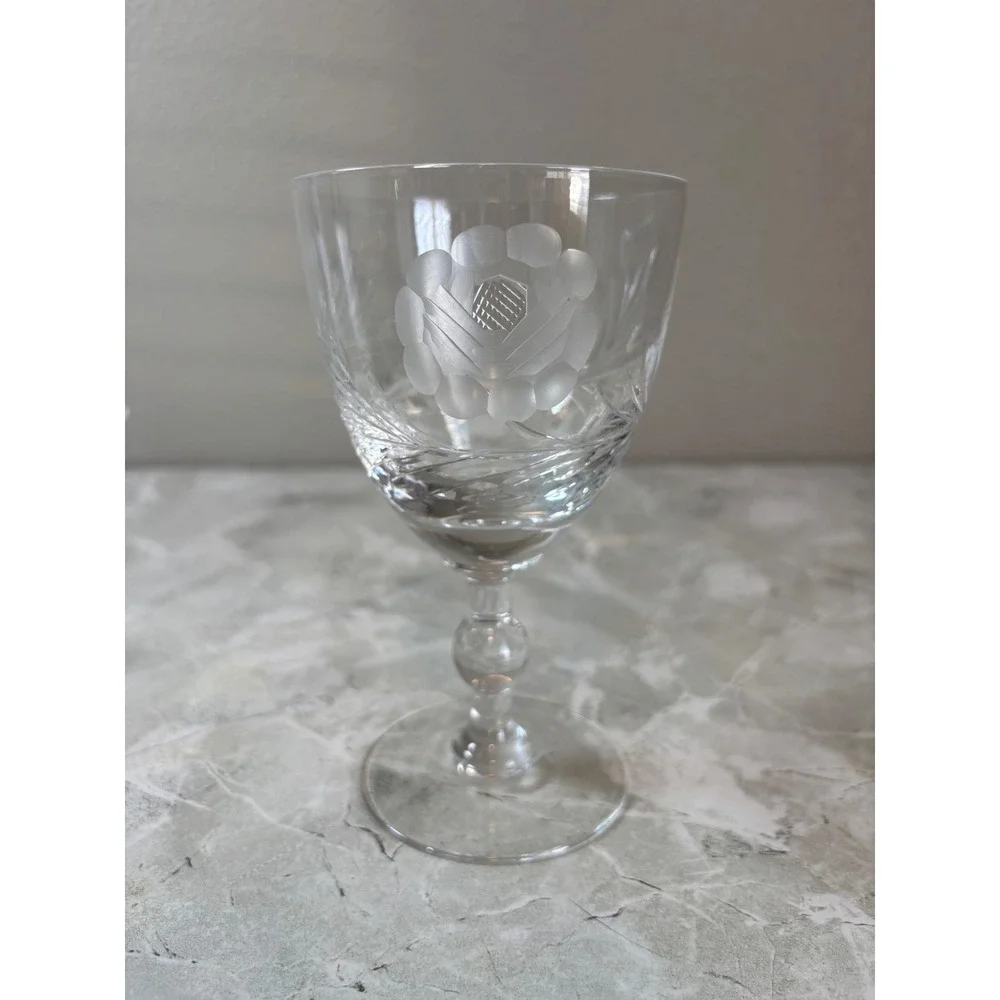 Vintage Etched Crystal Wine Goblet Floral Wheat Design Ball Stem 5.5 Inch‎